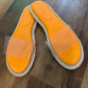 Schutz Alicina Slide in Bright Tangerine‎ Orange Silver Crystal Sandal  Size 8.5